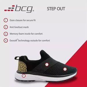 New in box,  bcg Step Out Slip-On, Black and Leopard Size 8.